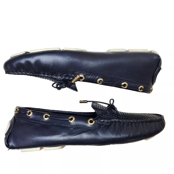 TORY BURCH Perforated Leather Driving Mocs Sz 8 Navy Blue Driver Boat Loafers - Picture 8 of 13